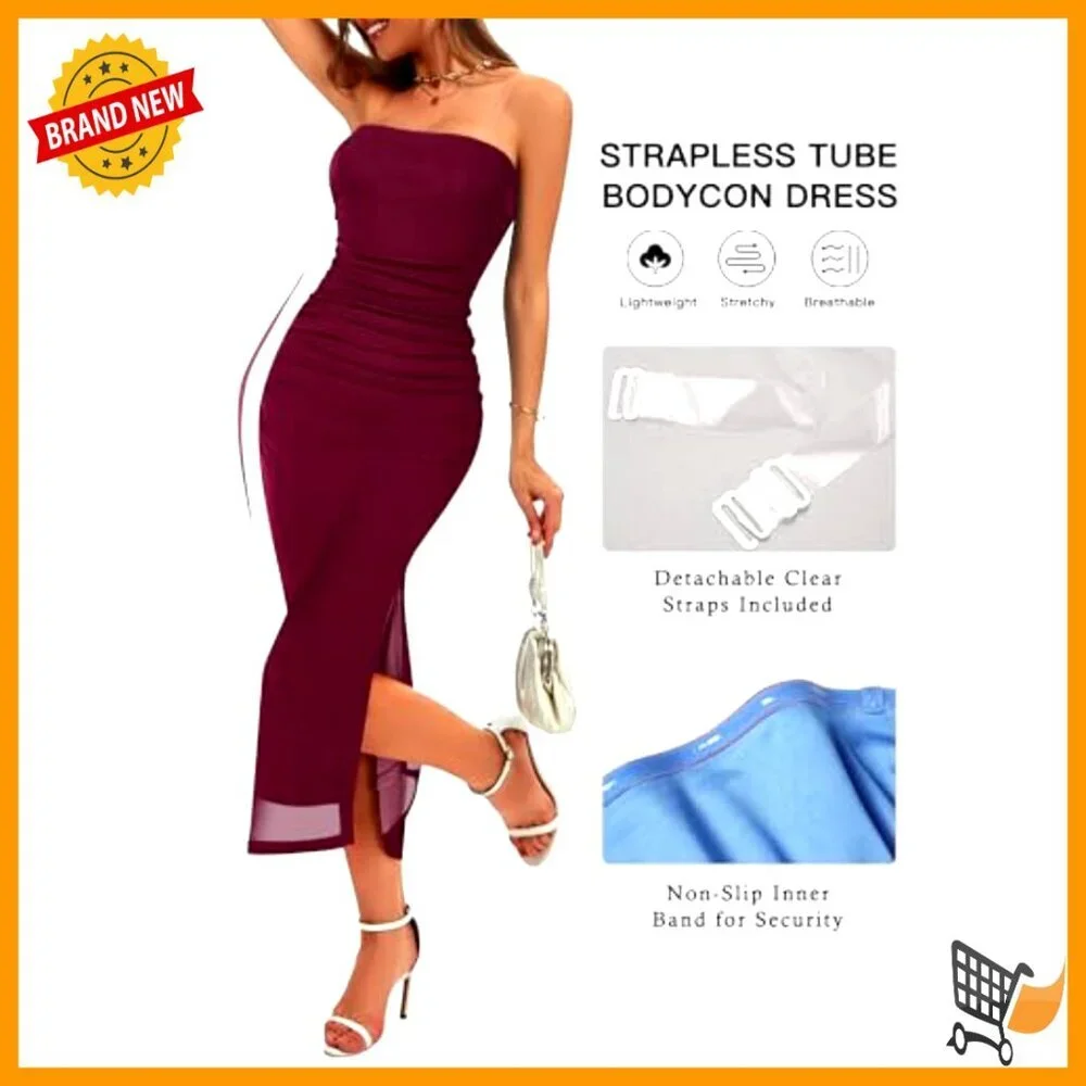 Strapless Maxi Bodycon Dress Mesh Ruched Slit Cocktail Party Formal